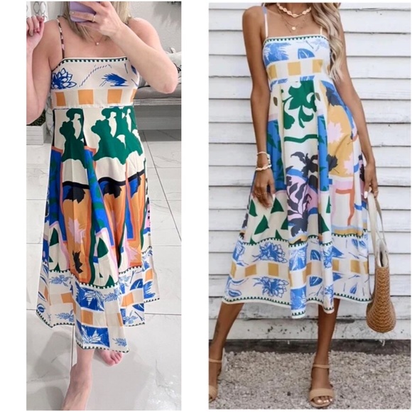 019 Boho Tropical Geo Print Smocked Cami Sun Dress - Picture 2 of 6